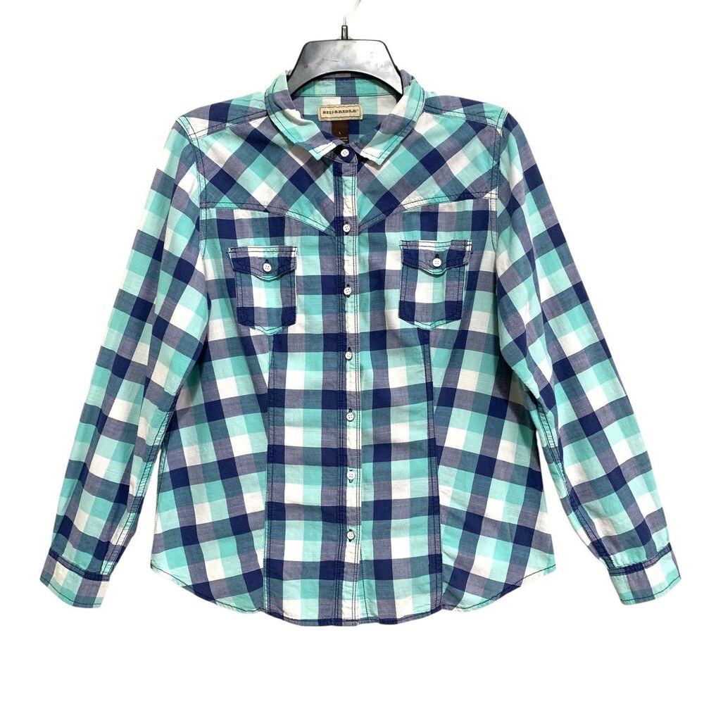 Bit & Bridle Western Top Womens Large Teal Navy White Button-Up Buffalo Plaid